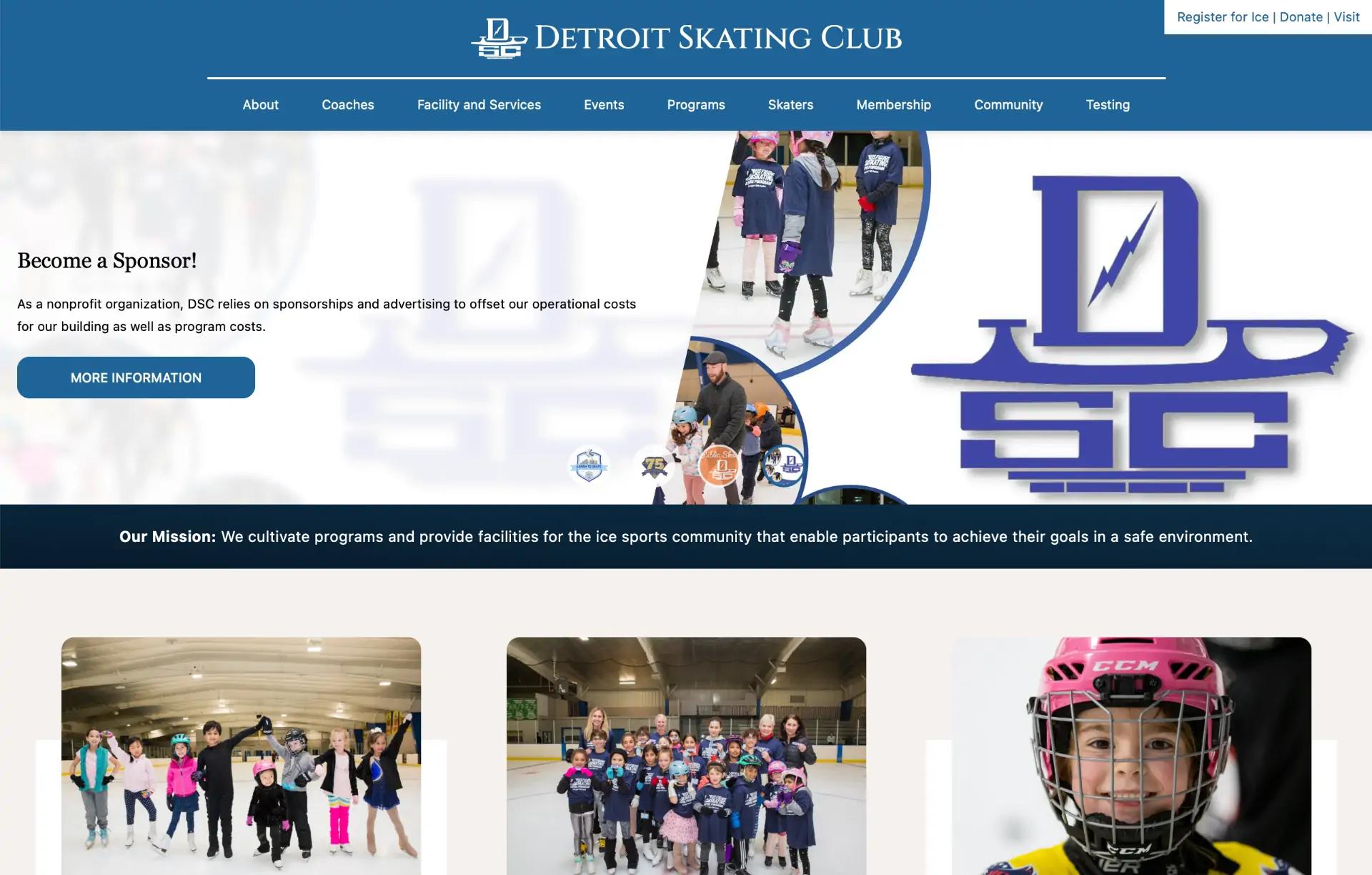 The Detroit Skating Club's new, clean website, with larger text, more interesting design, clear navigation, and good contrast.