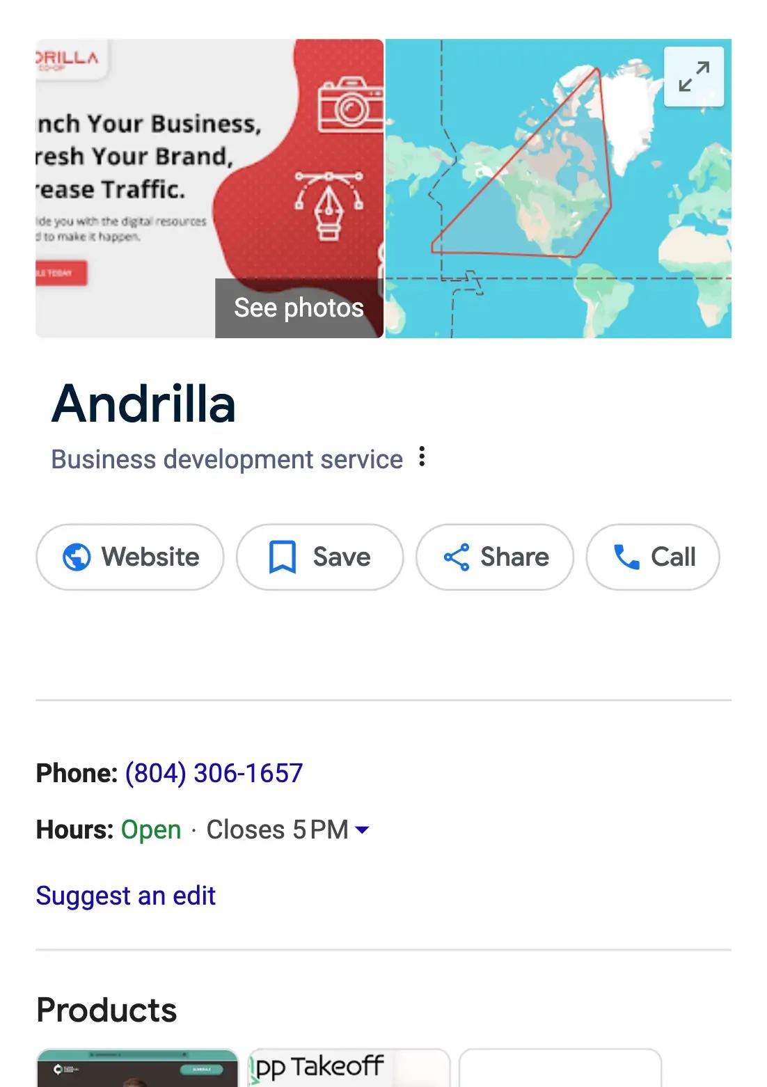 Andrilla's Google Business profile, which includes photos, maps, products, hours, phone number, and buttons for visiting the website, saving the profile, sharing the profile, and calling Andrilla.