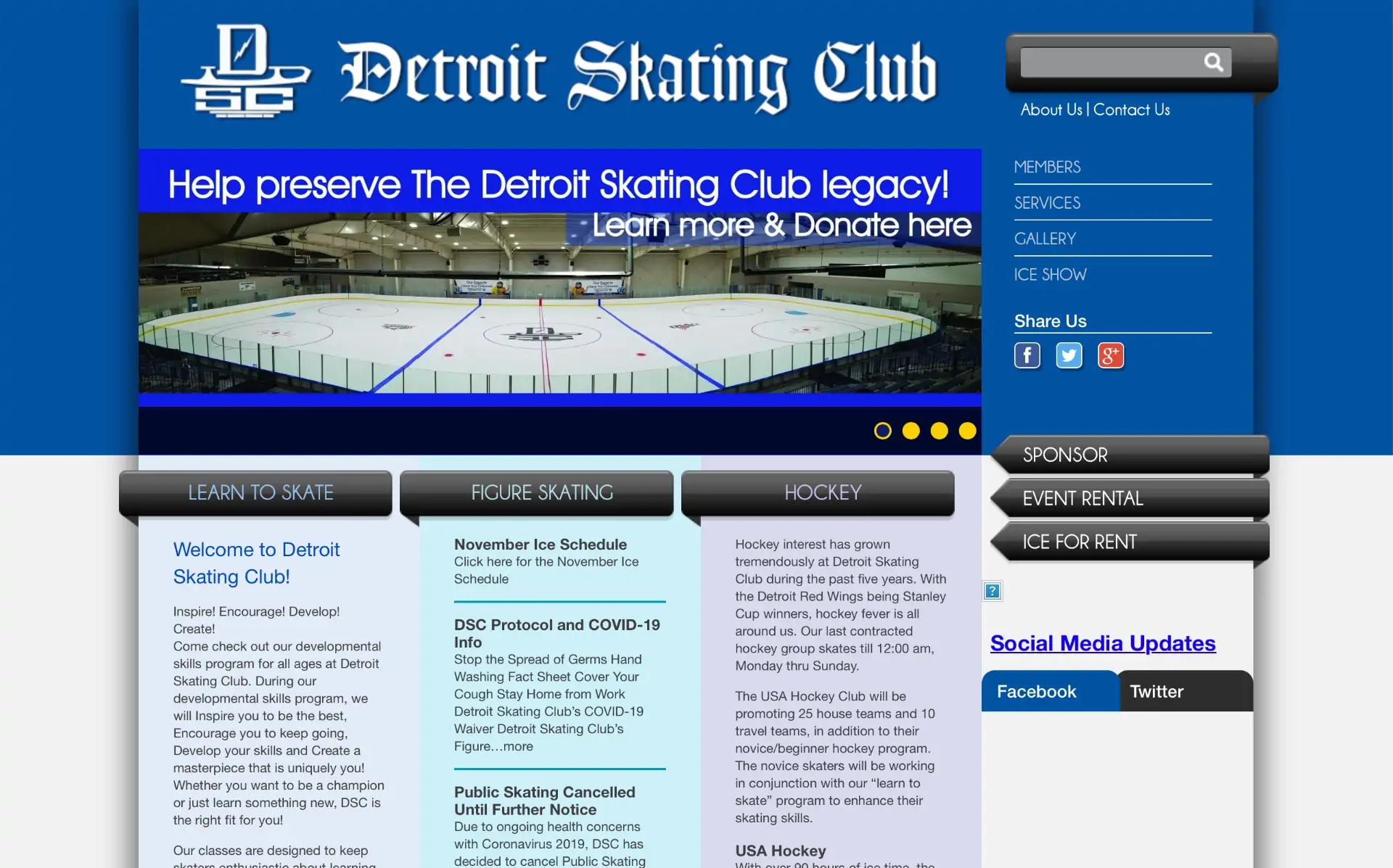 The Detroit Skating Club's old, outdated website with confusing navigation and a lot of dark shadows and high contrast gradients, to try to create a 3D effect. WCAG 2 failing color contrast.