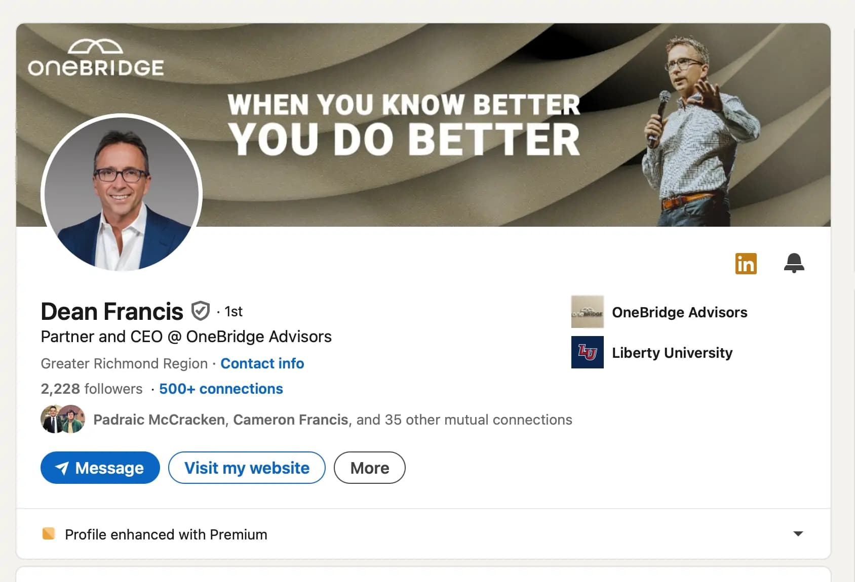 A screen shot of the cover photo for Dean Francis on LinkedIn. The cover photo reads, "When you know better, you do better." A cutout of Dean Francis speaking at an event is adjacent the quote.